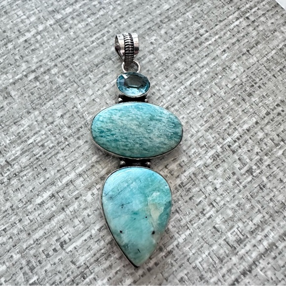 Pendant Amazoite And Aquamarine 3 Large Gemstones Stones Silver Tone Gift 3331 - Picture 1 of 7